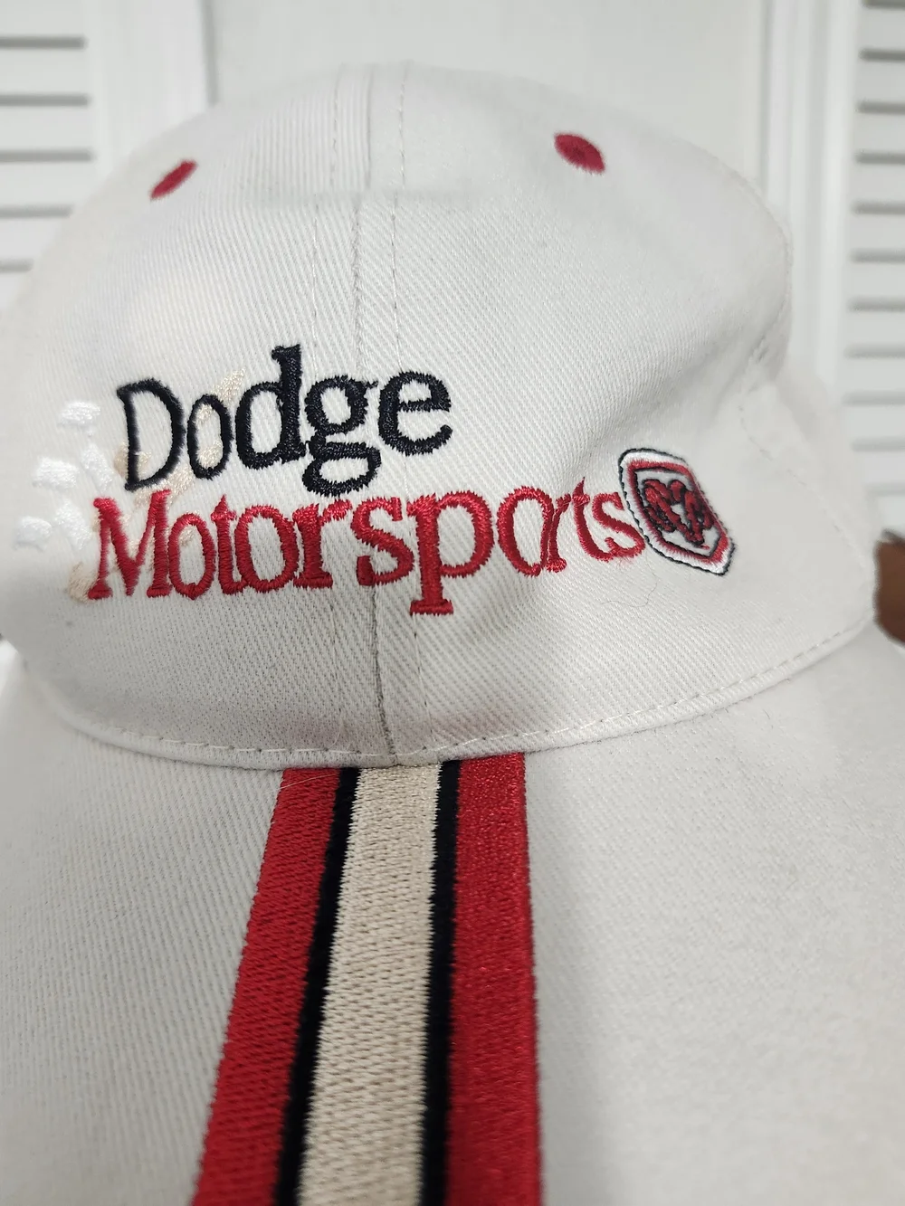 Nascar White Hat with Red Stripe and Black Accents